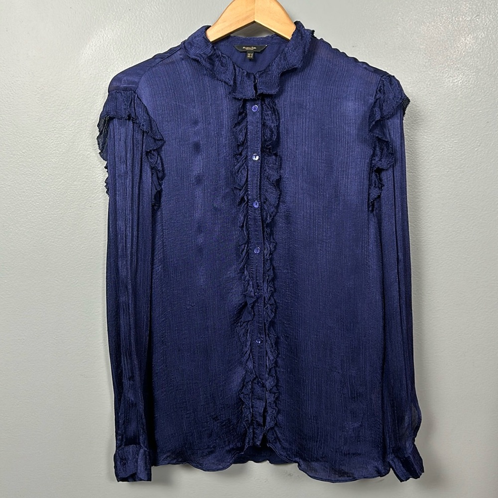 Massimo Dutti Parliament Blue Crinkle Long Sleeve button down shirt size US 10